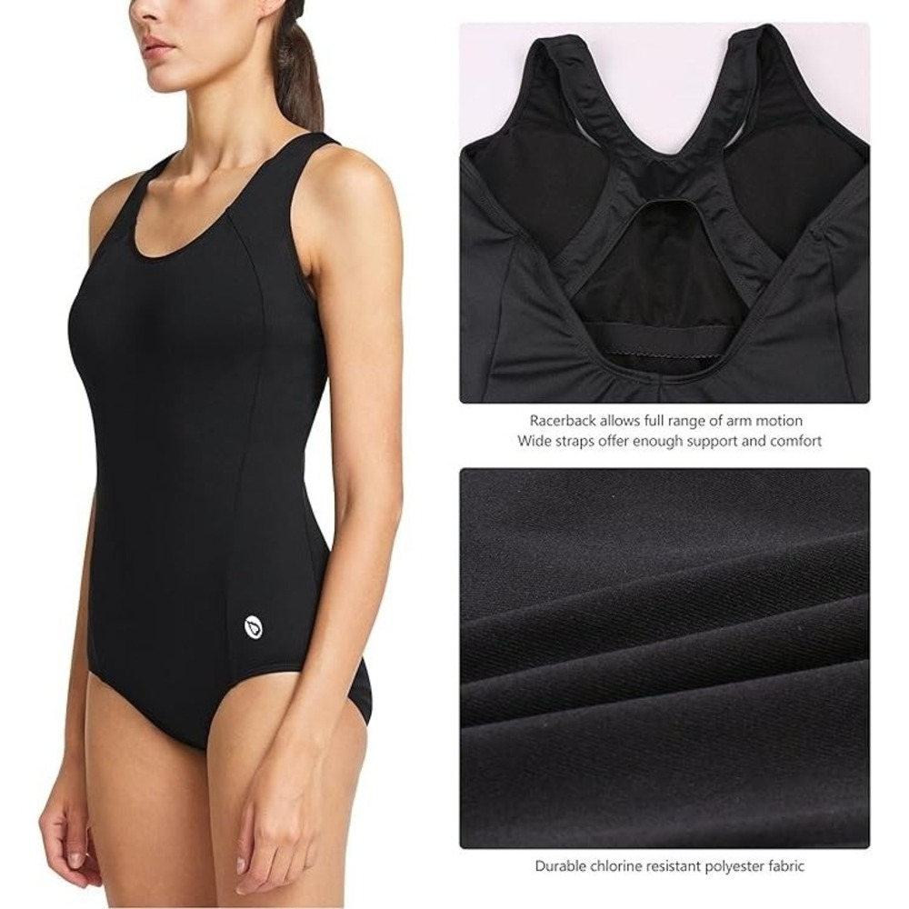baleaf Black Racerback Athletic One‎ Piece Modest Women's Swimsuit Sz XL (16-18)